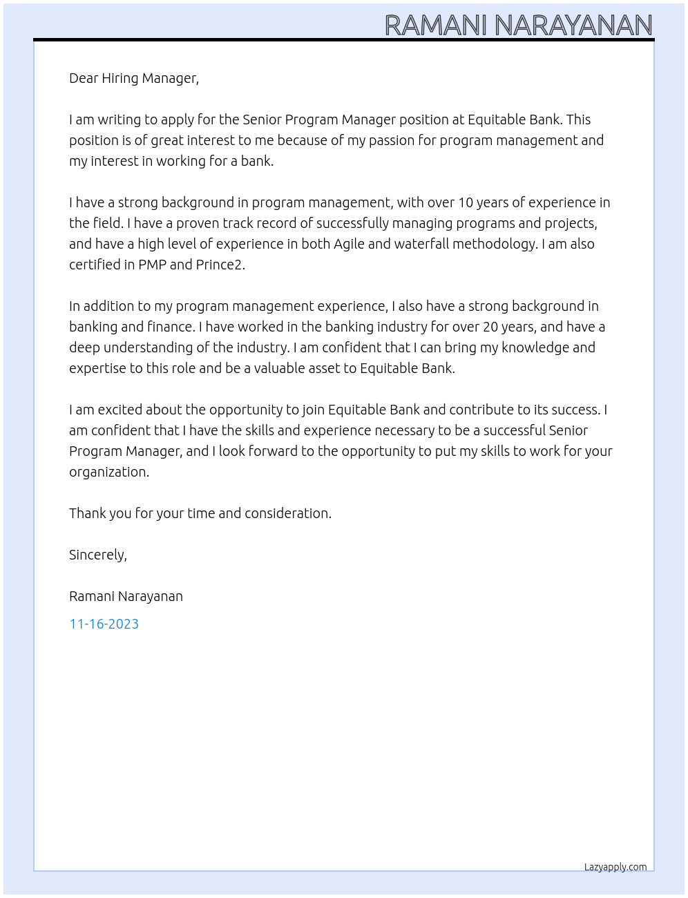 Senior Program Manager At Equitable Bank Cover Letter