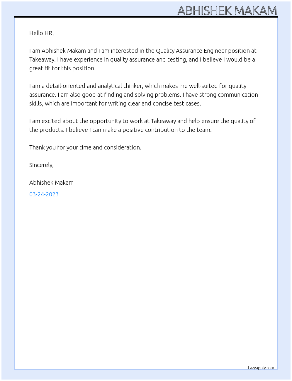Quality Assurance Engineer At Takeaway Cover Letter