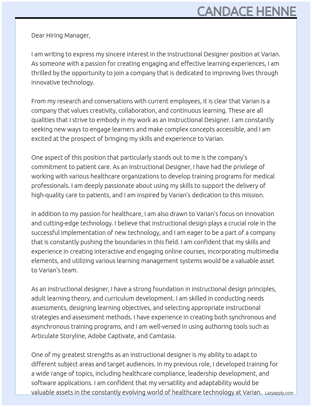 Instructional Designer At Varian Cover Letter
