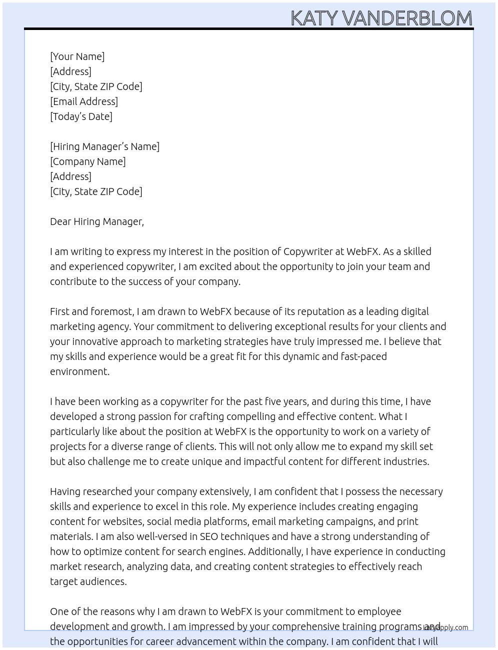 Copywriter At WebFX Cover Letter