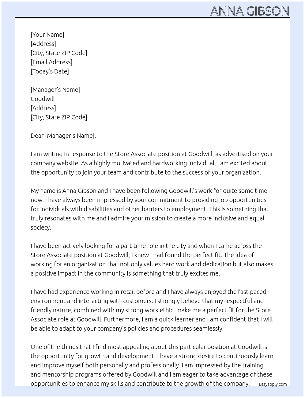 Store associate At Goodwill Cover Letter