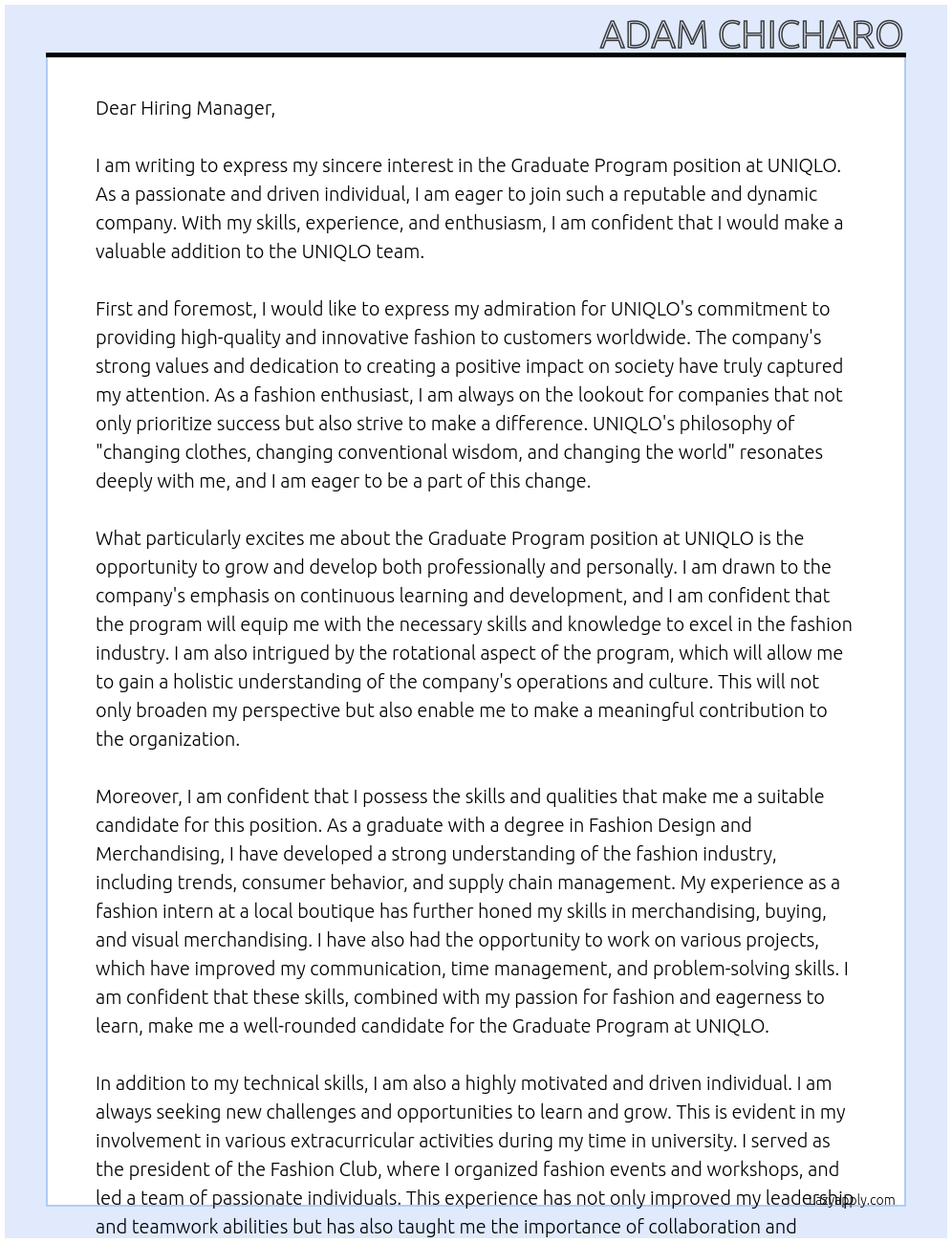 Graduate Program At UNIQLO Cover Letter