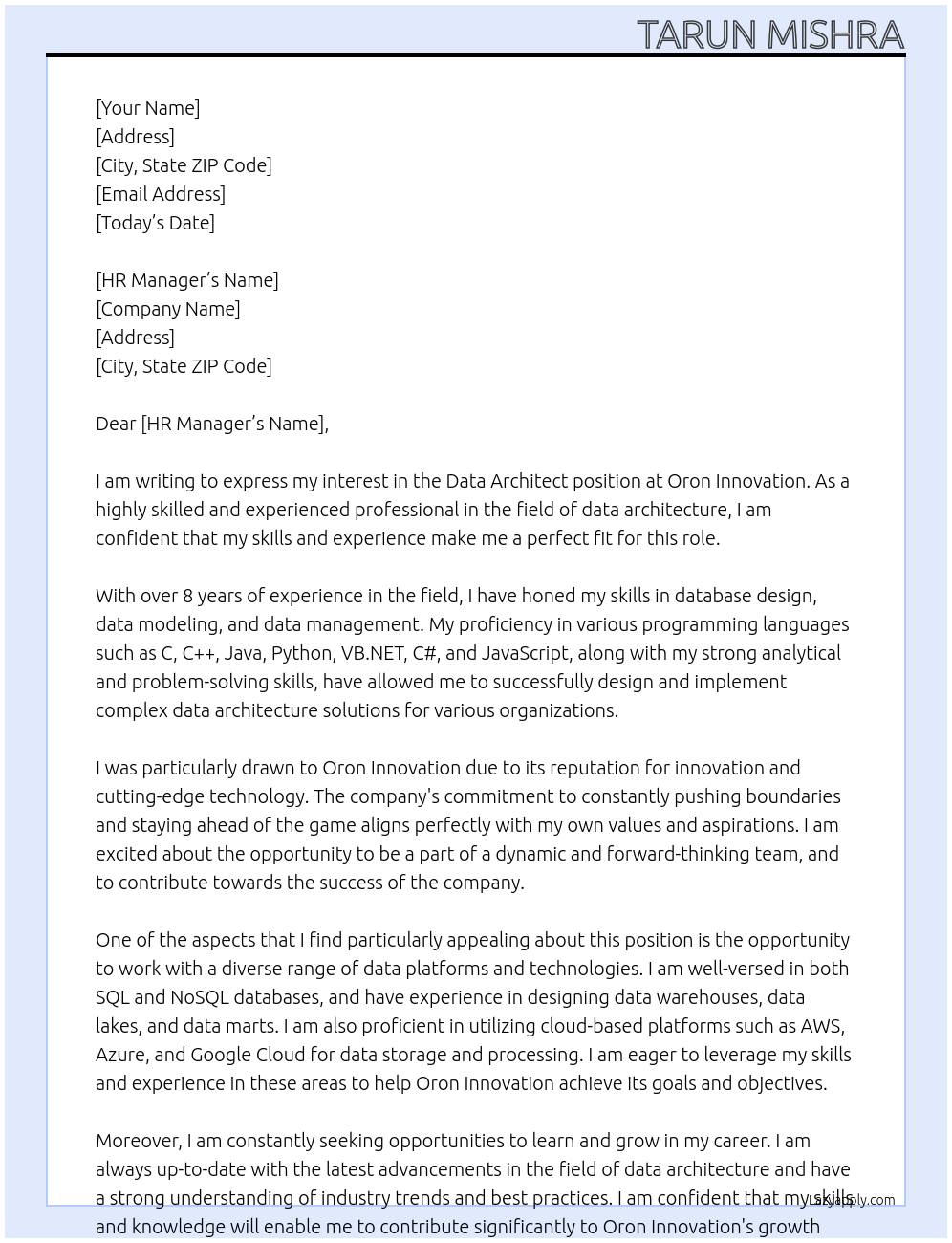 Data Architect At Oron Innovation Cover Letter