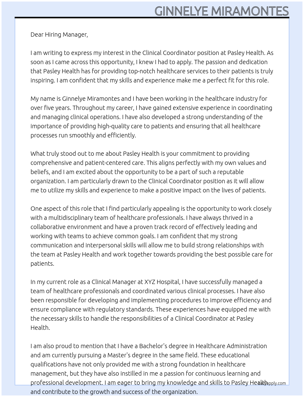 clinical coordinator At pasley health Cover Letter