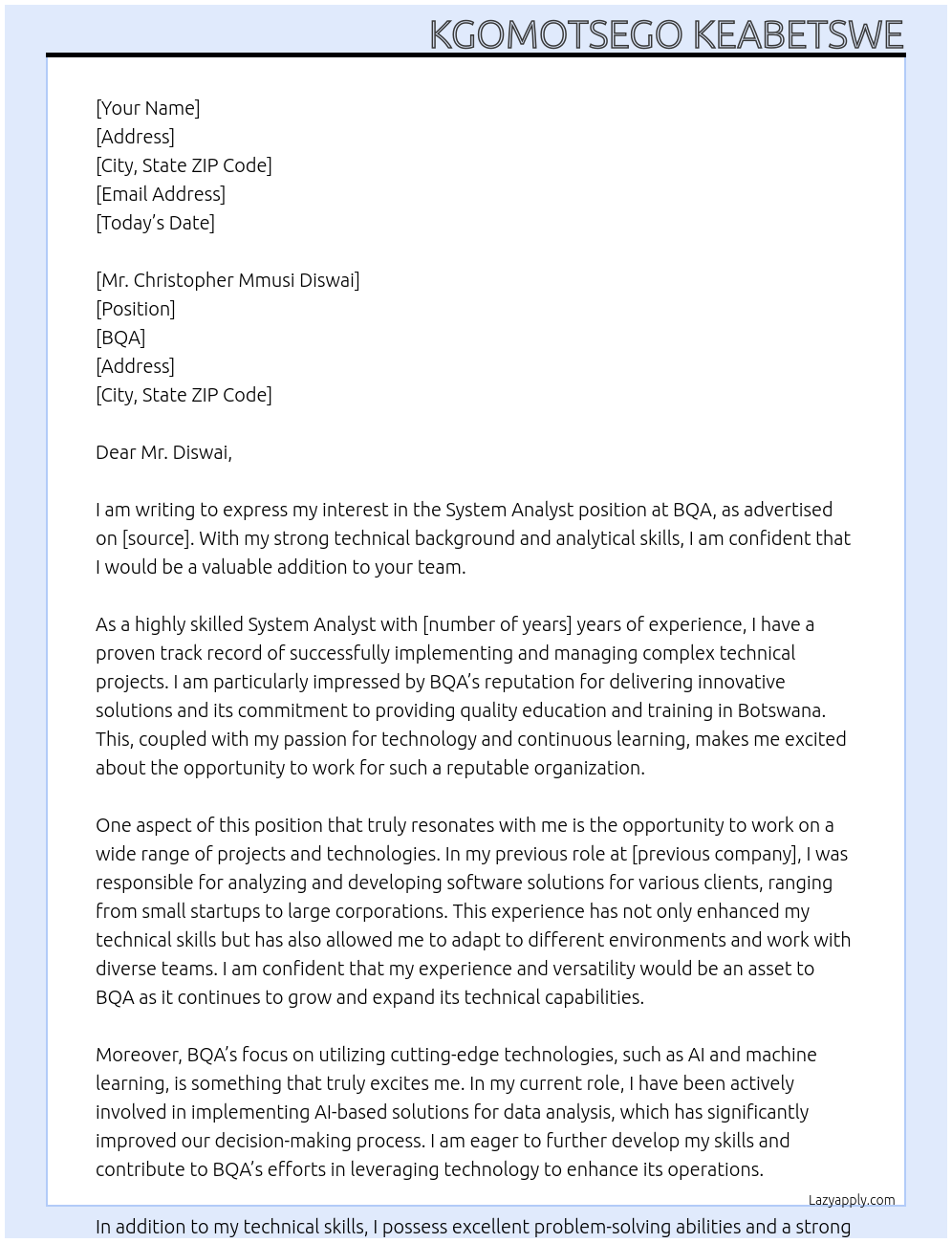 System Analyst At BQA Cover Letter