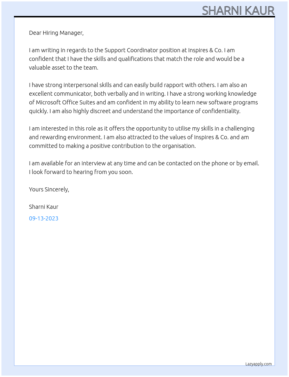 Support Coordinator  At Inspires & Co. Cover Letter