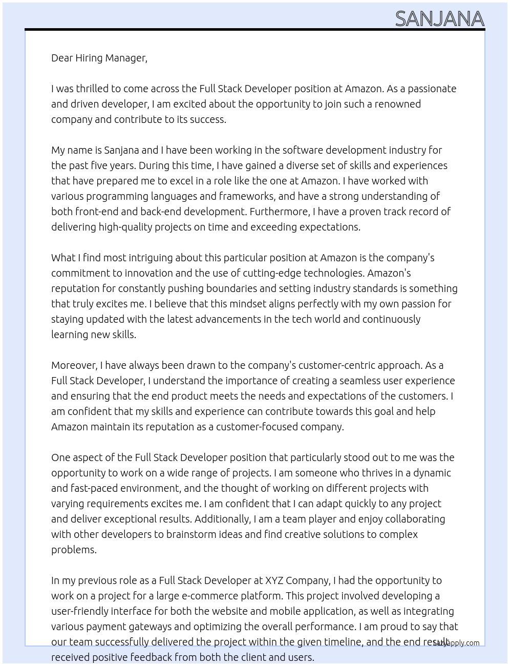 Full Stack Developer At Amazon Cover Letter