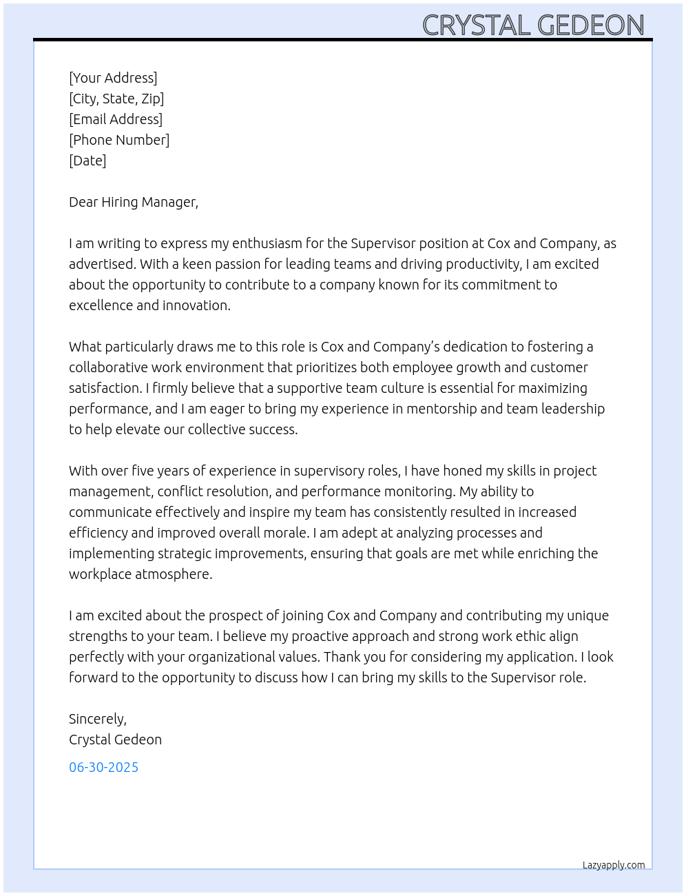 Supervisor At Cox and Company Cover Letter