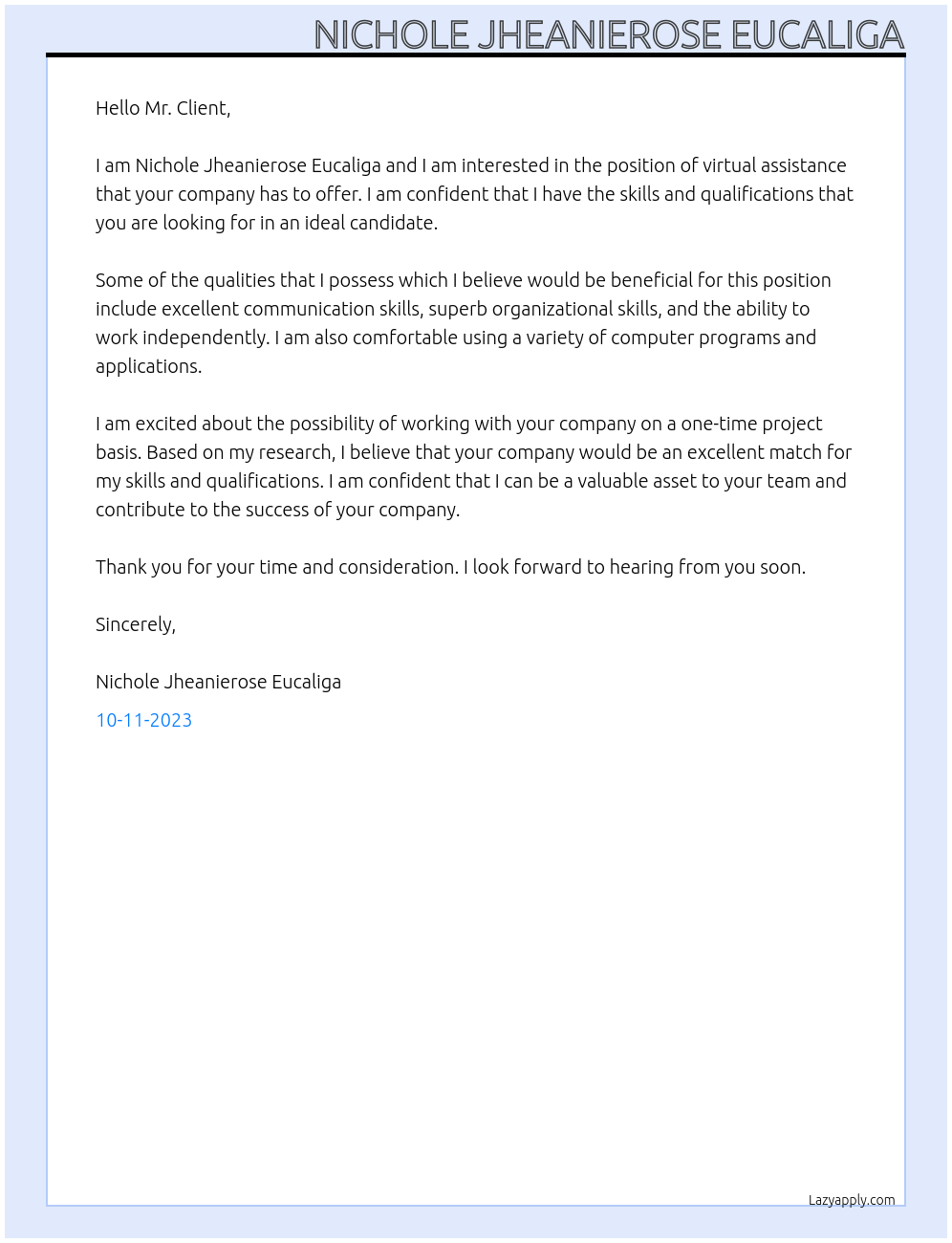 virtual assistance At one-time project Cover Letter