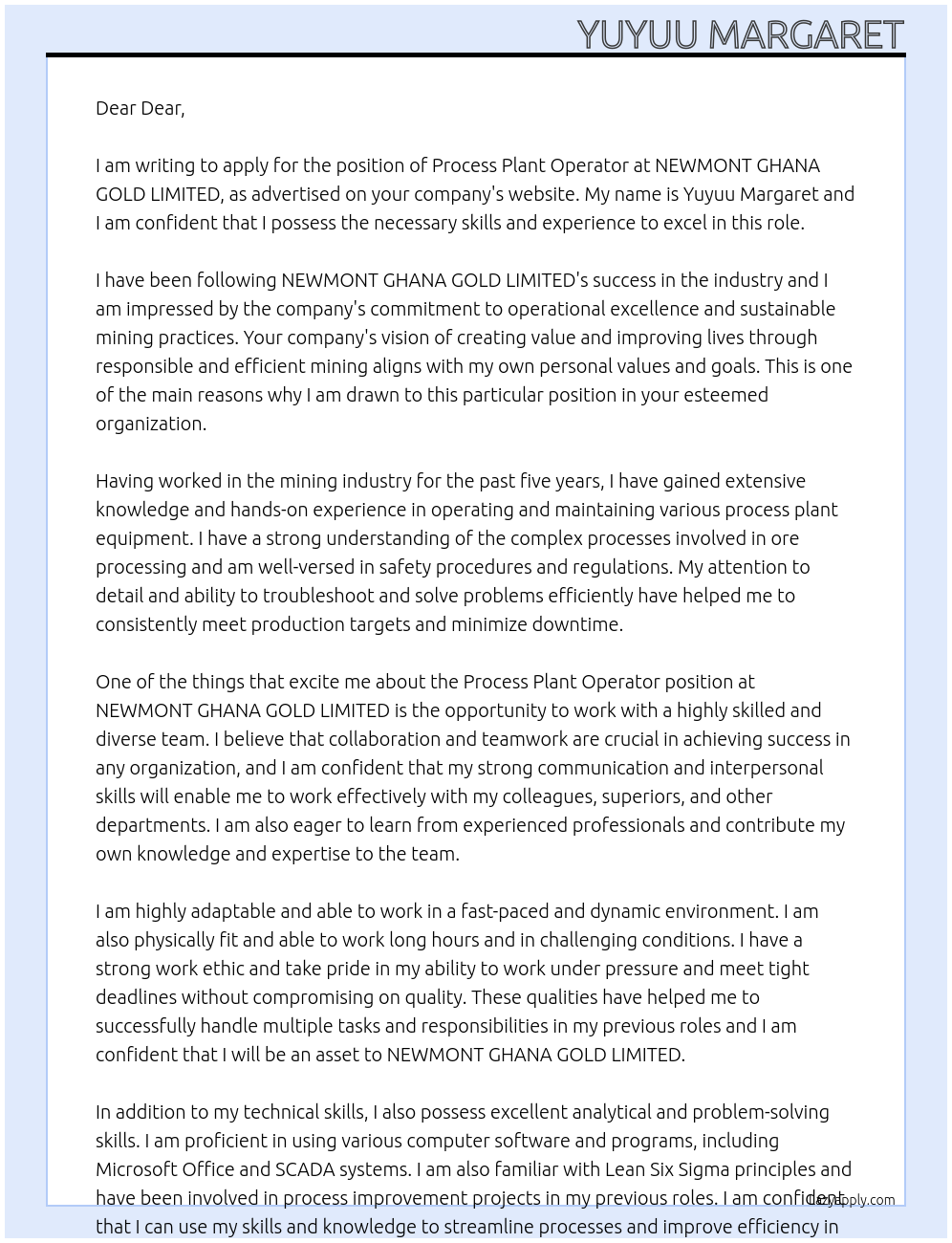 Cover letter for process plant operator - LazyApply