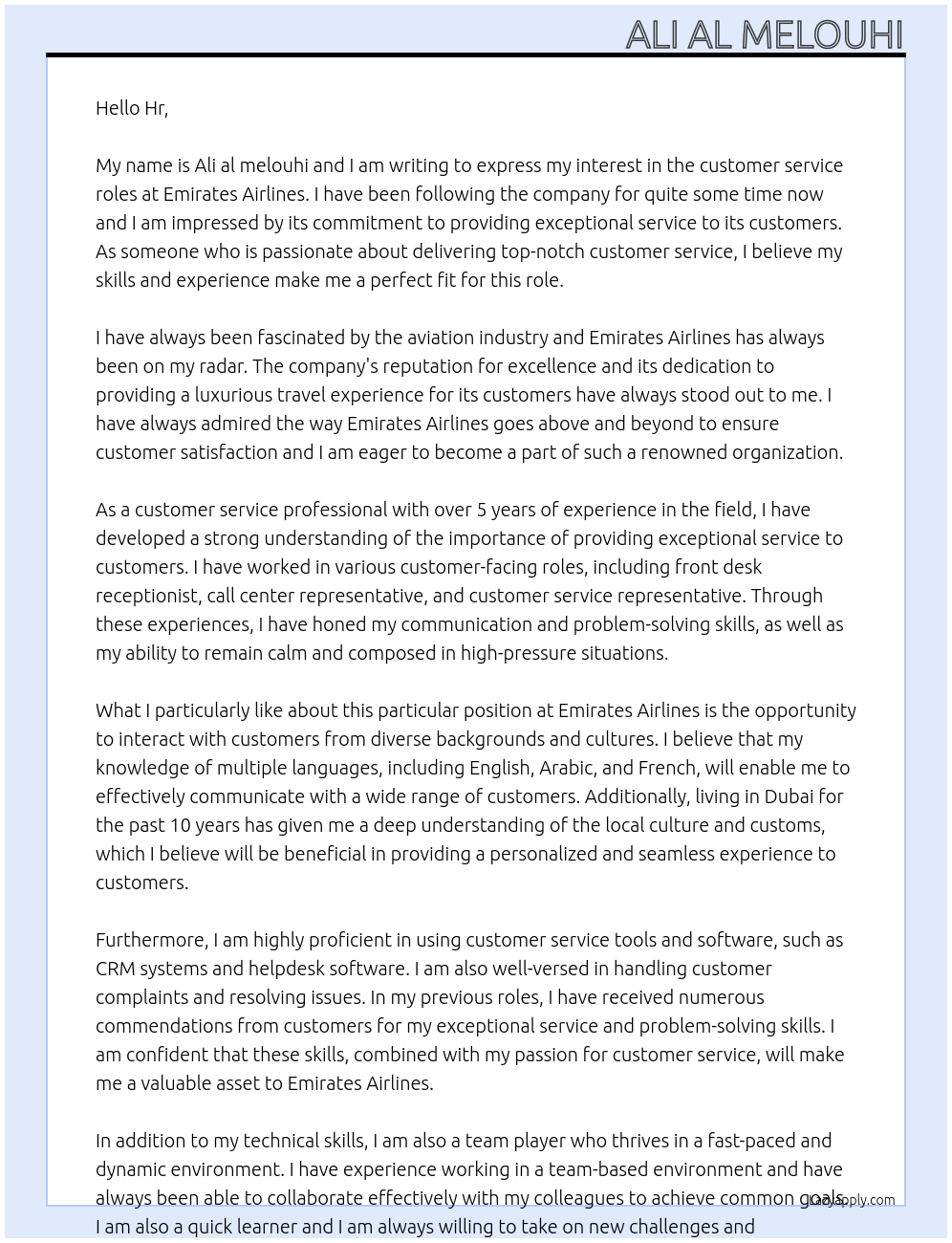 Customer service roles At Emirates Airlines  Cover Letter