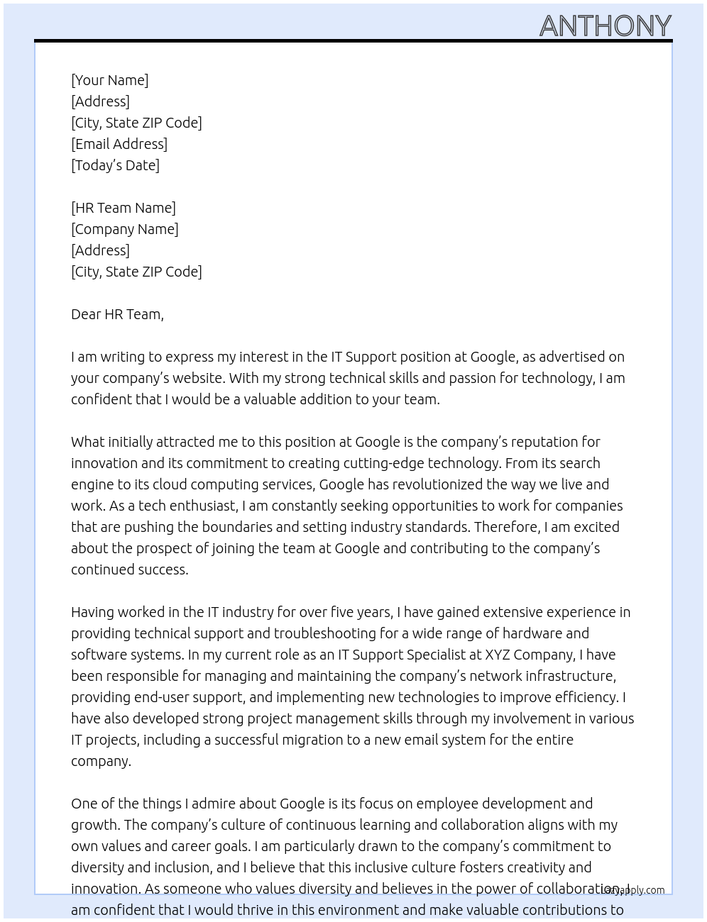 IT Support At Google Cover Letter