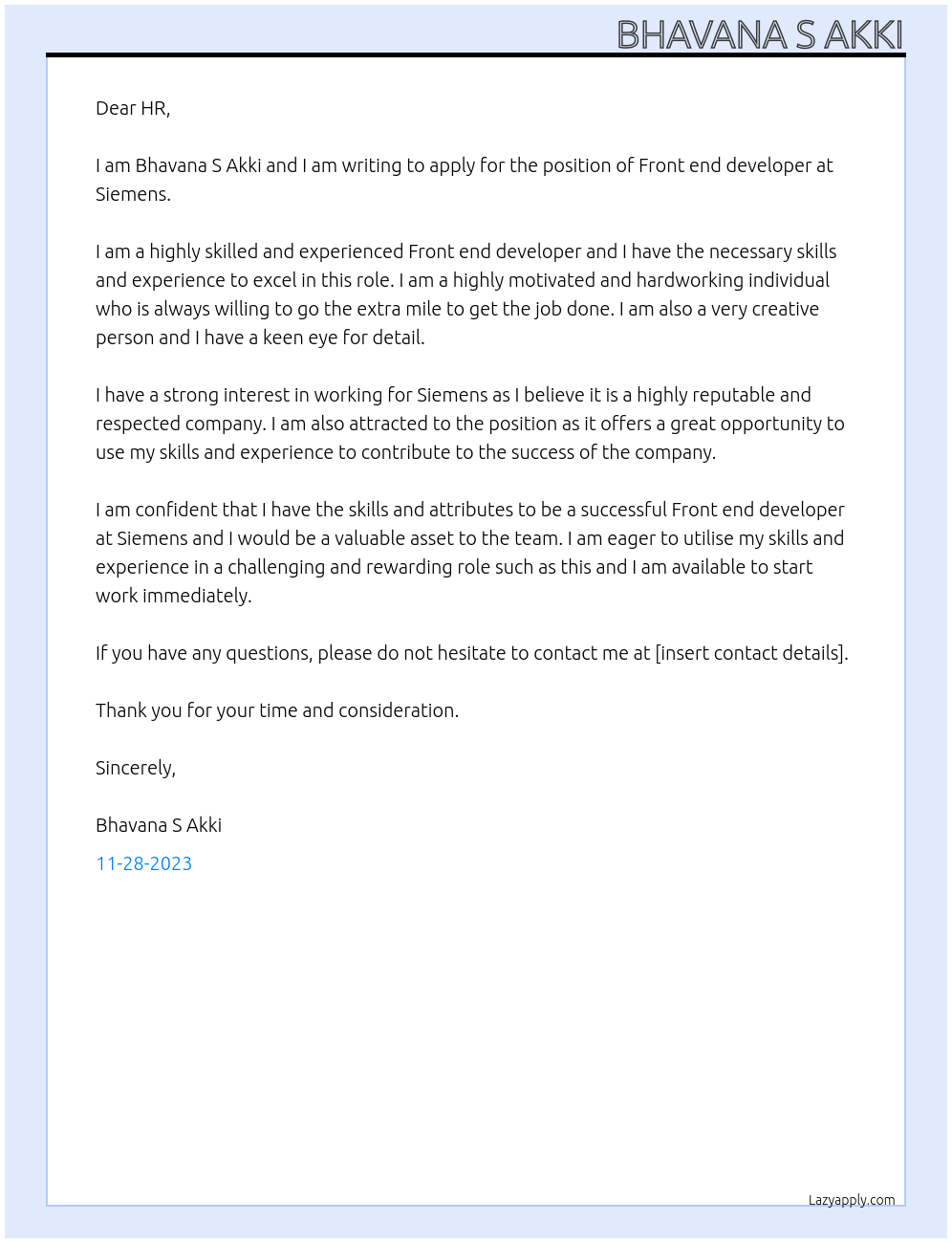 Front end developer At Siemens Cover Letter