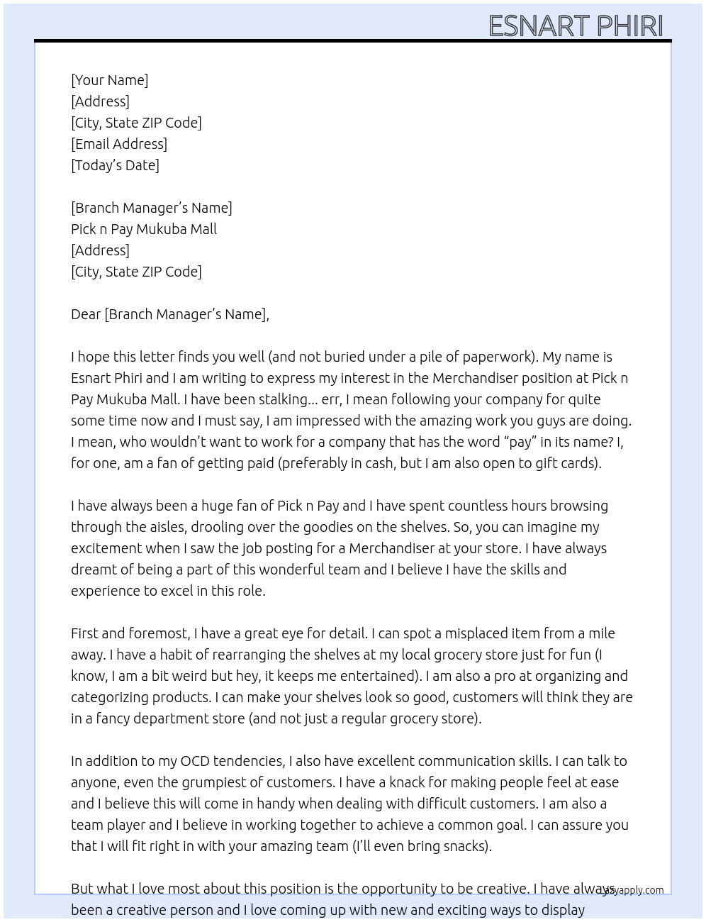 Merchandiser At Pick n Pay Mukuba mall Cover Letter