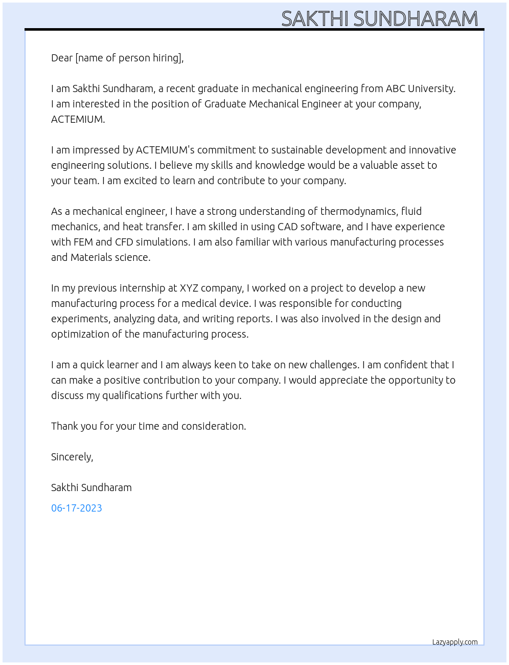 GRADUATE MECHANICAL ENGINEER At ACTEMIUM  Cover Letter