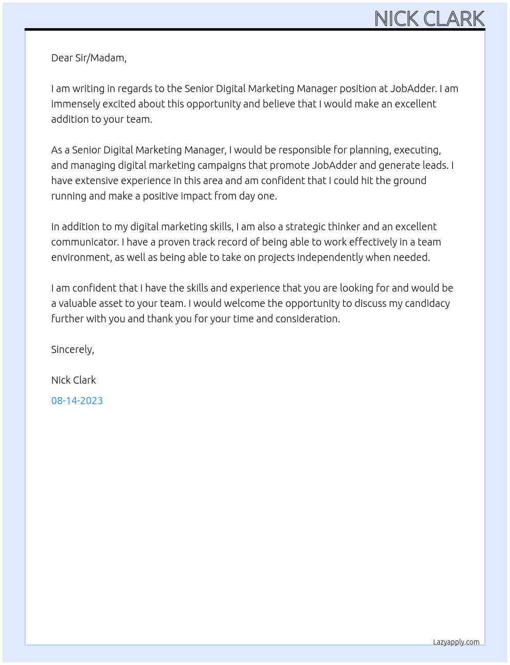 Senior Digital Marketing Manager At JobAdder Cover Letter