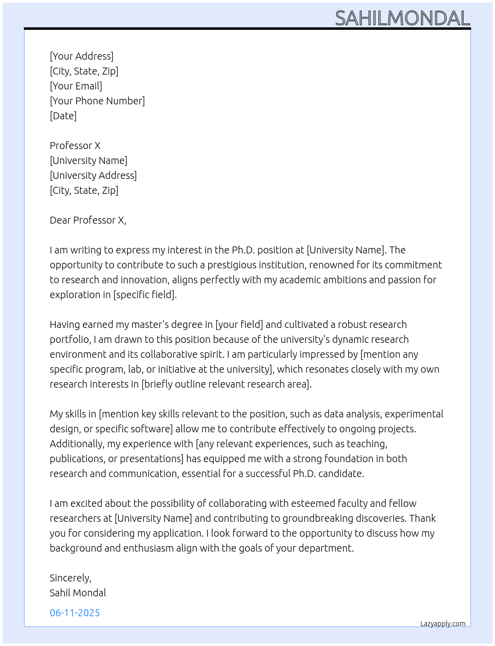 Ph.D. At university Cover Letter