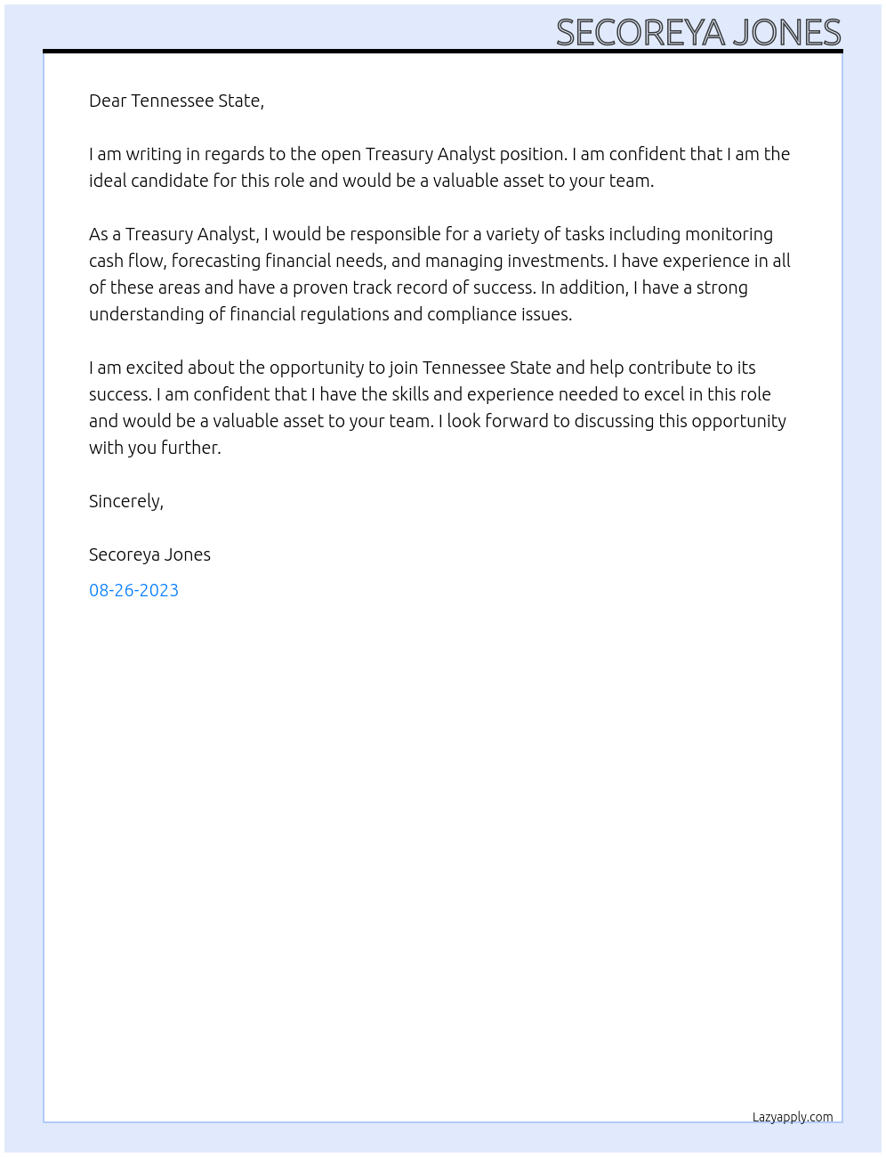 Treasury Analyst At Tennessee State Cover Letter