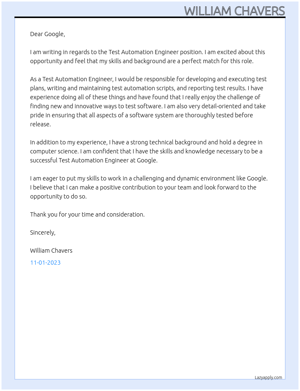 Test Automation Engineer At Google Cover Letter