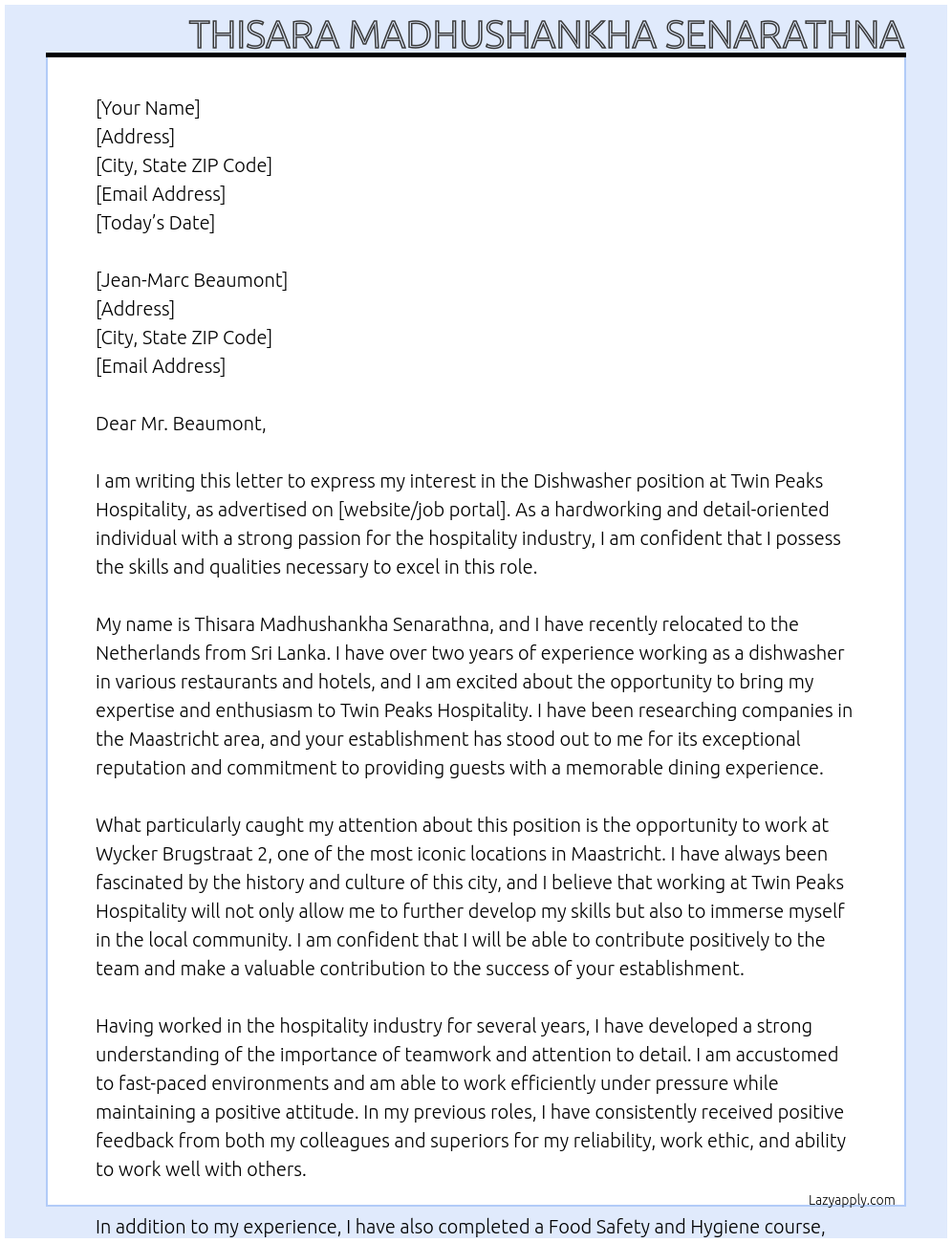 Dishwasher At Twin Peaks Hospitality Cover Letter