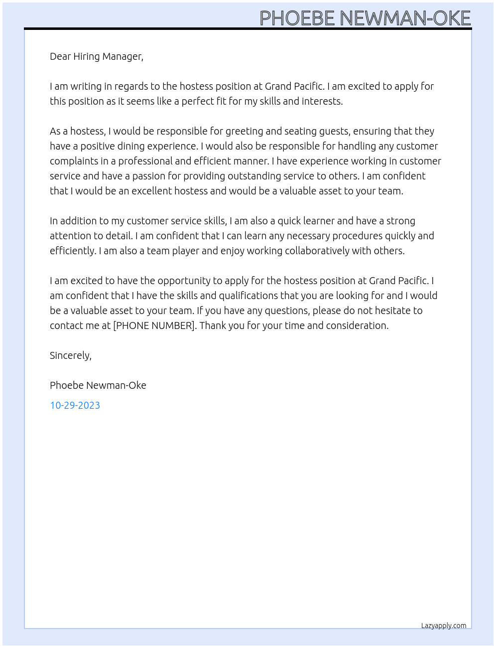Hostess At Grand Pacific Cover Letter