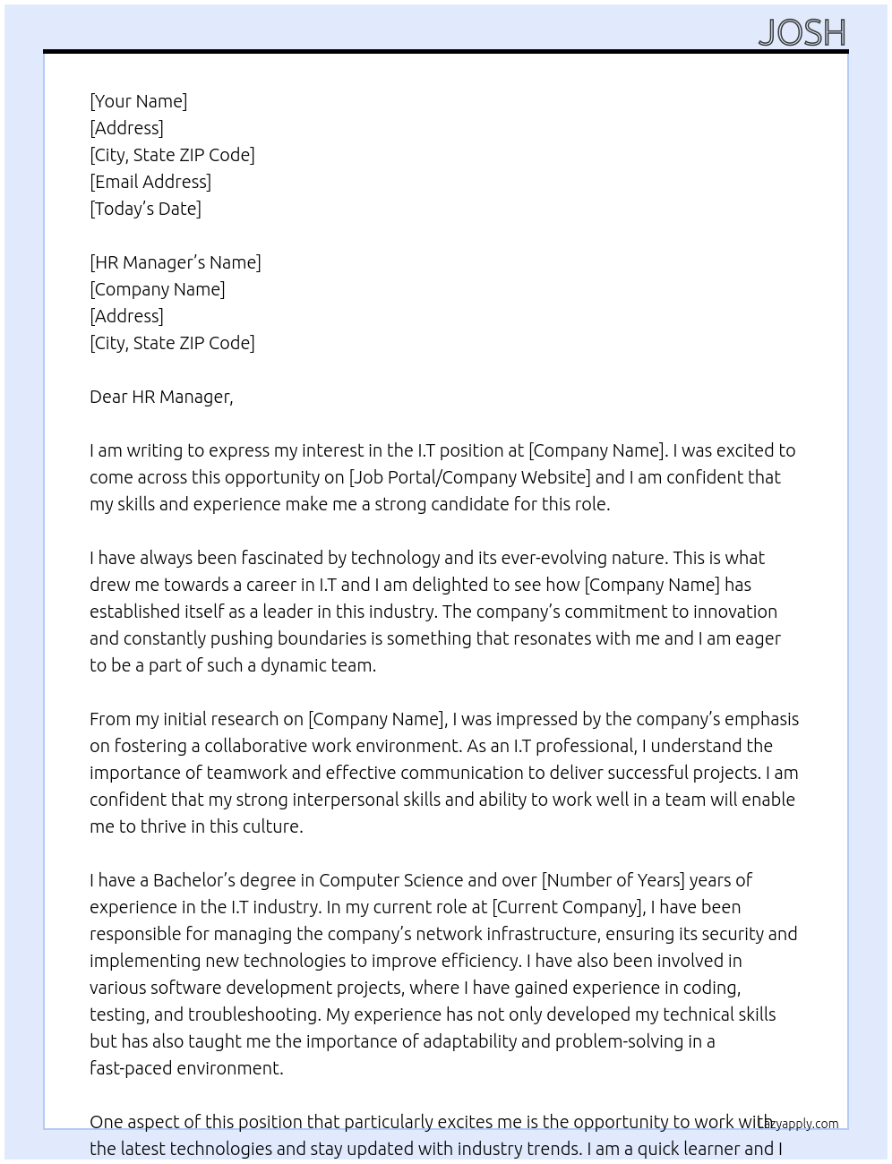 I.T At [Company] Cover Letter