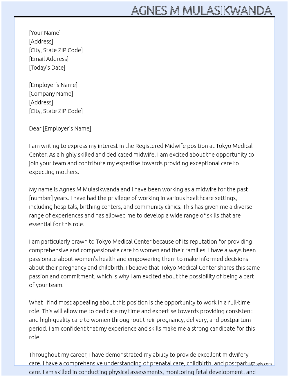 Registered midwife  At Tokyo medical center  Cover Letter