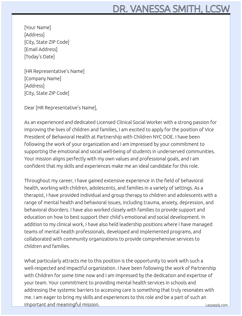 Vice President of Behavioral Health At Partnership with Children NYC DOE Cover Letter