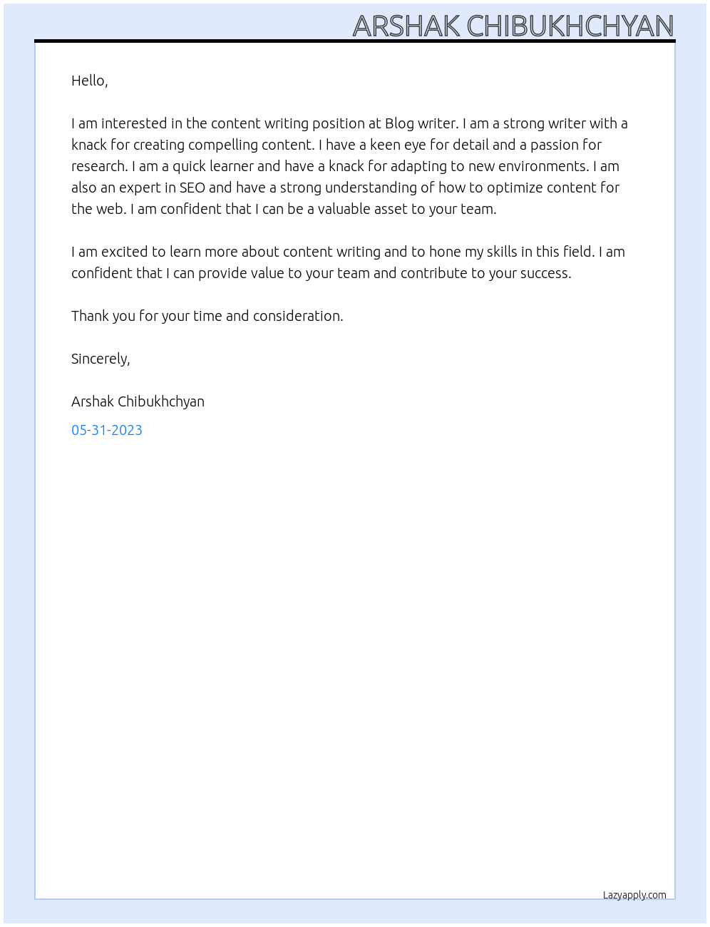 Content Writing At Blog writer Cover Letter