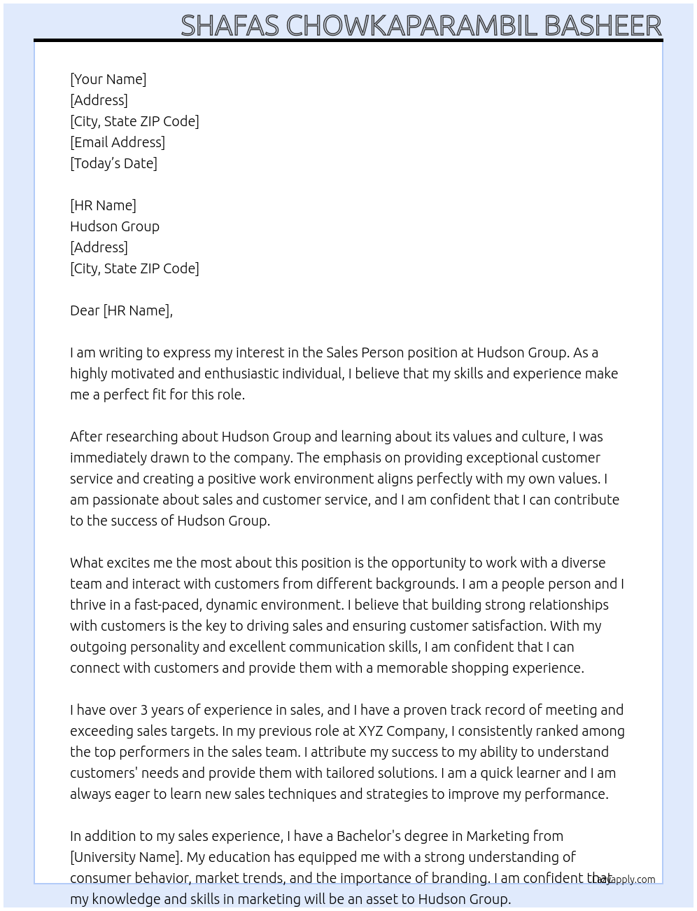 Sales Person At Hudson Group Cover Letter