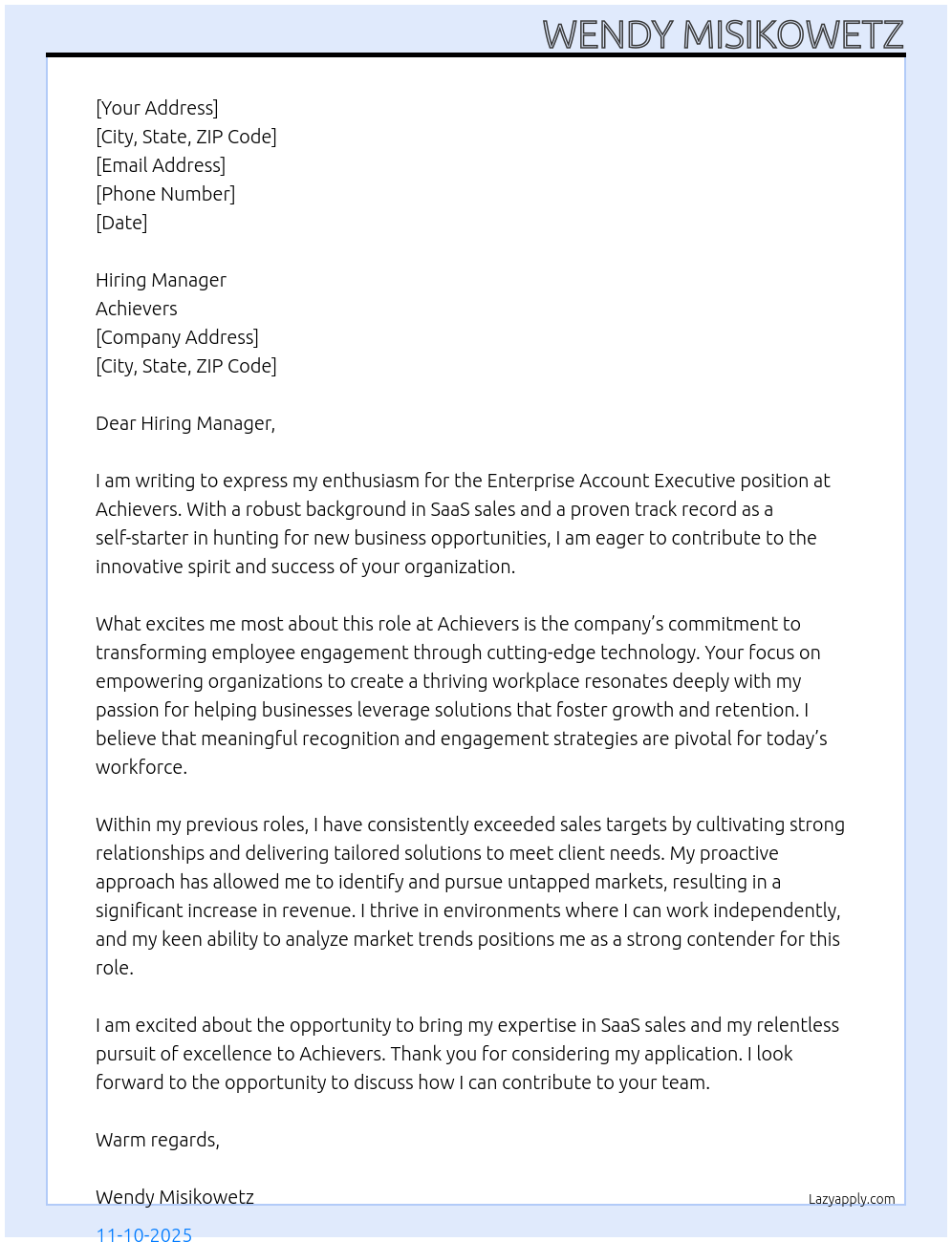 Enterprise Account Executive At Achievers Cover Letter
