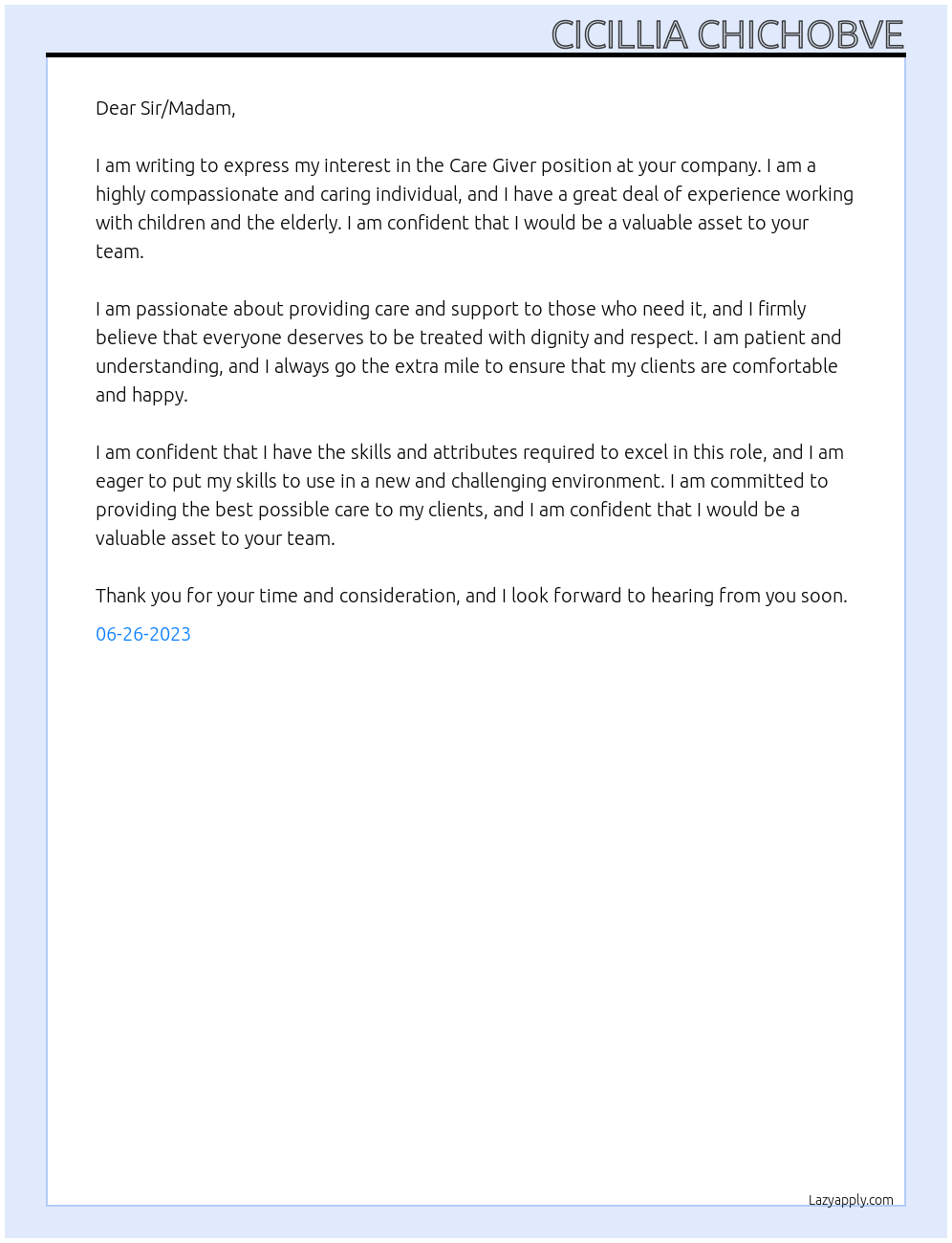 Care Giver At .. Cover Letter