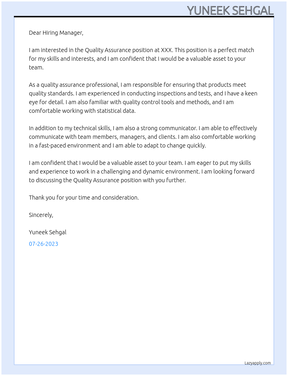Quality Assurance At XXX Cover Letter