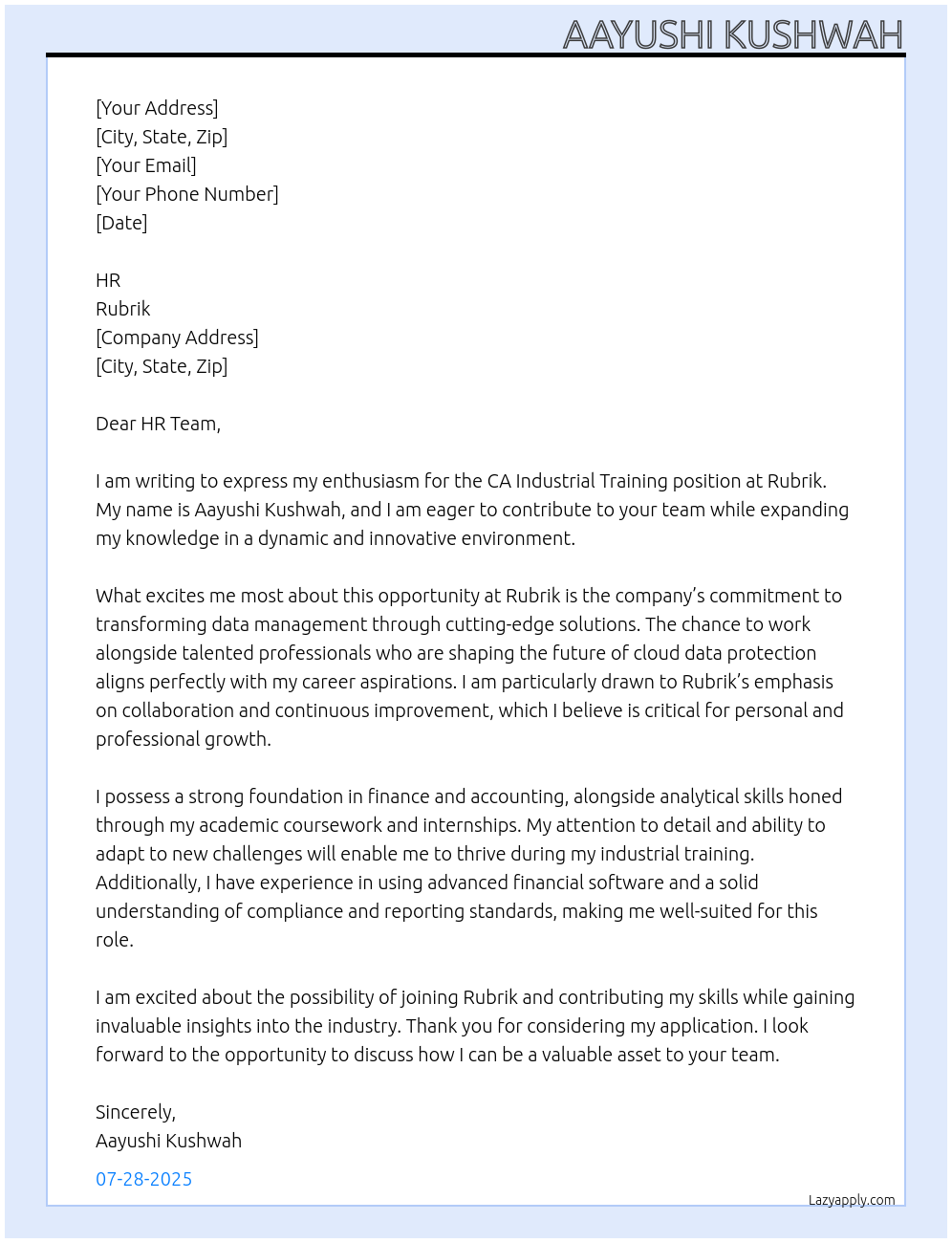 CA industrial training At Rubrik Cover Letter