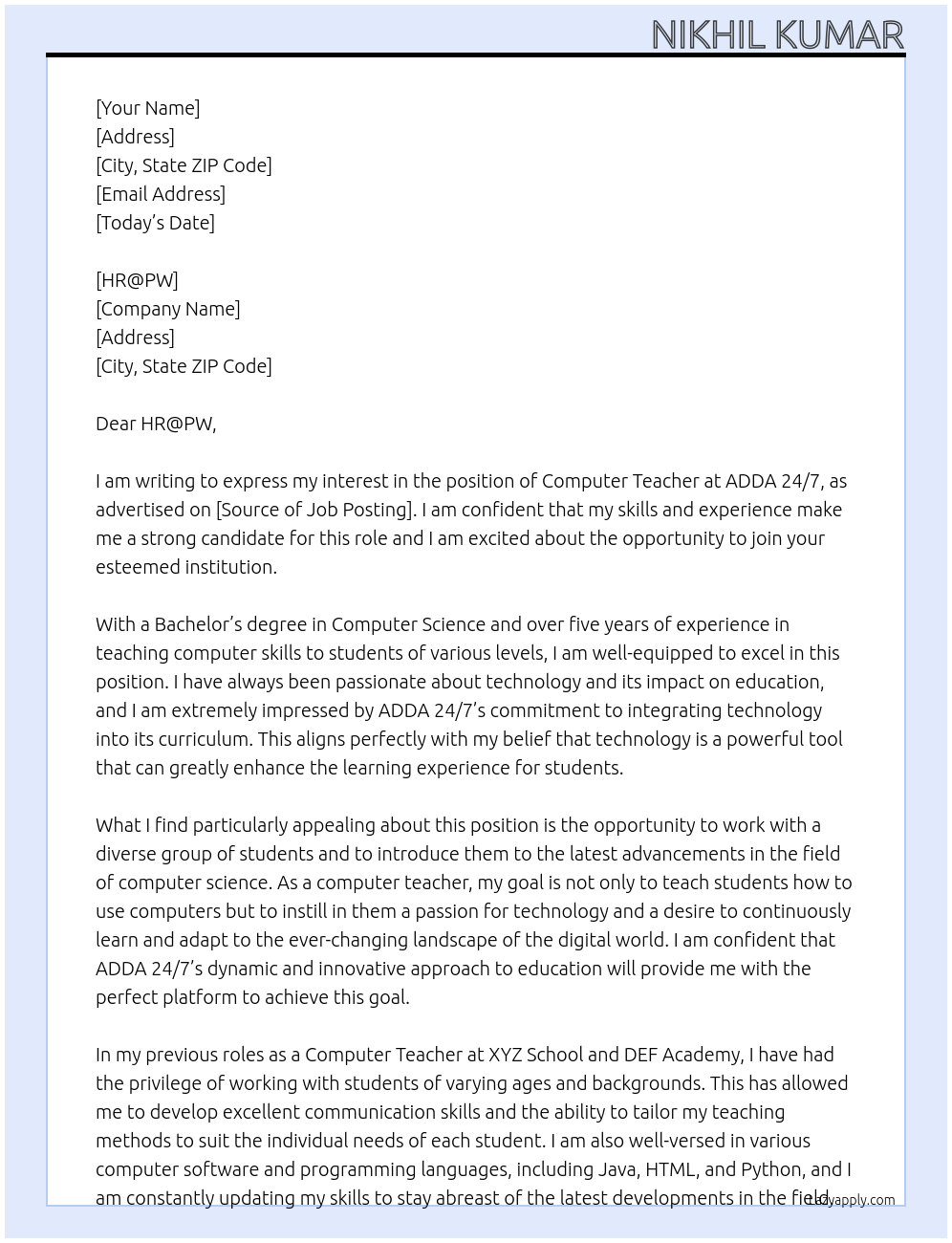 Computer teacher At ADDA 24/7 Cover Letter