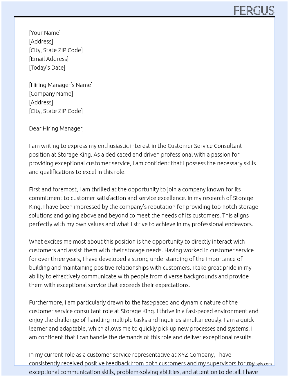 Customer Service Consultant At Storage King Cover Letter