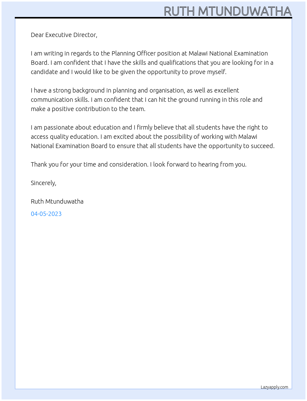 Planning Officer At Malawi National Examination Board Cover Letter