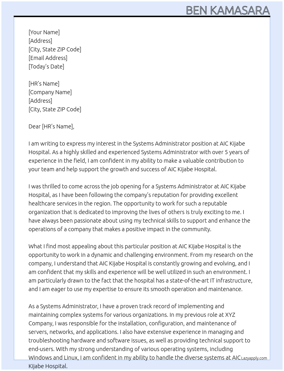 systems administrator At AIC KIJABE HOSPITAL Cover Letter