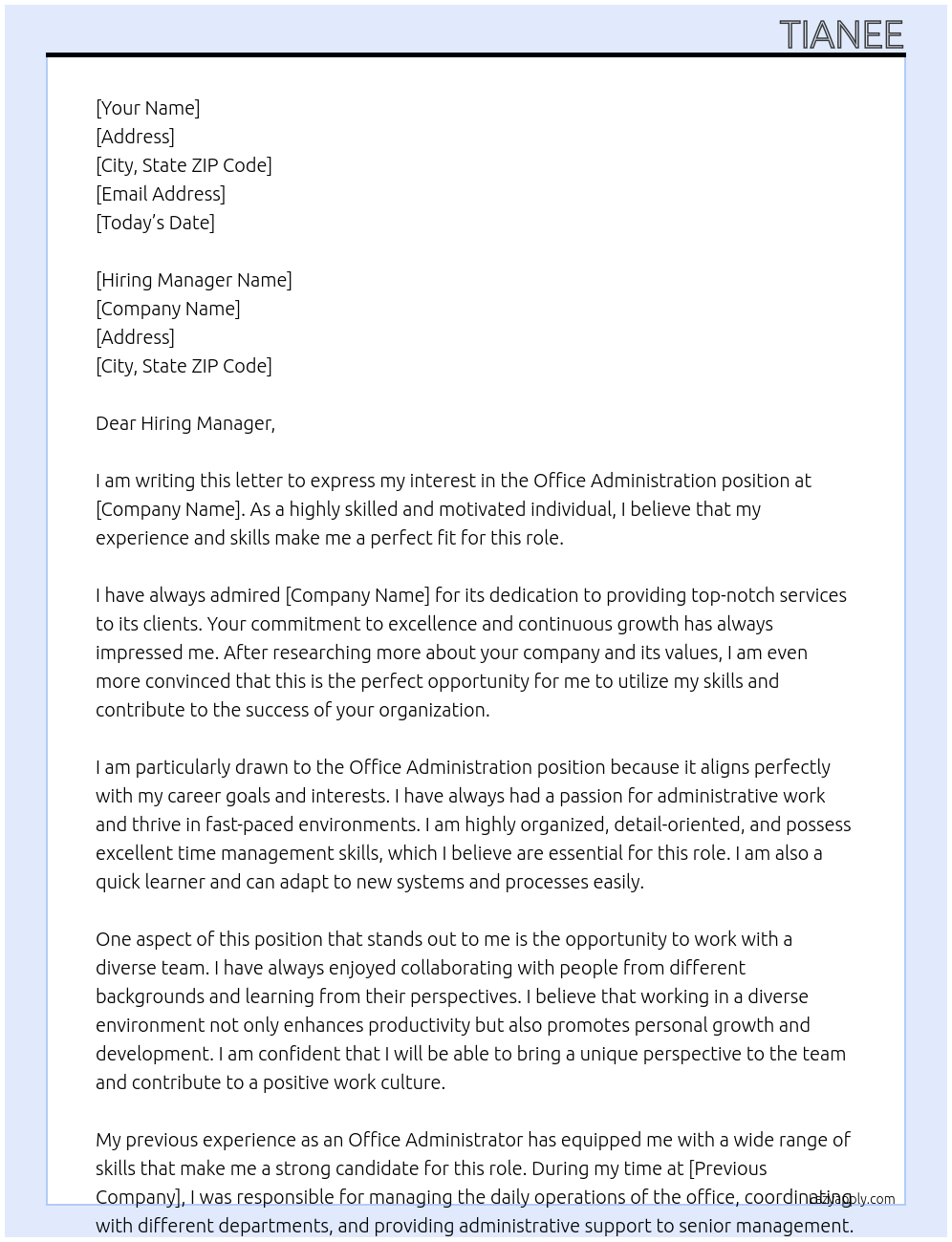 Office Administration  At Company Cover Letter
