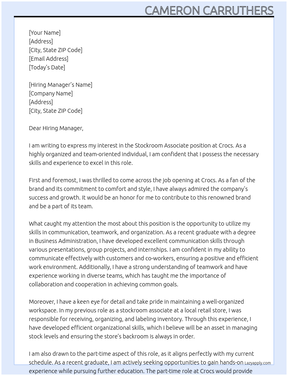 Stockroom Associate At Crocs Cover Letter