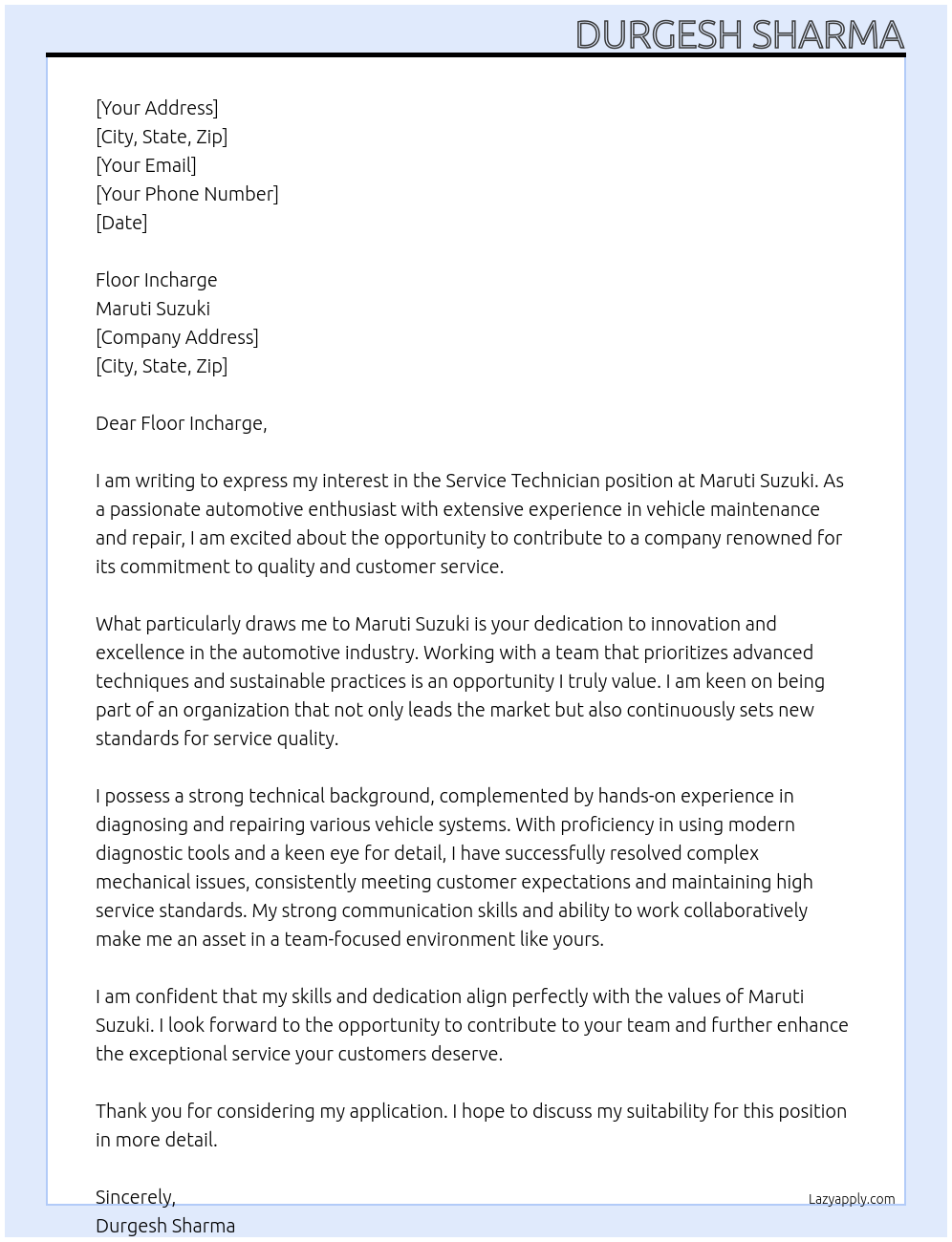 Cover letter for service technician - LazyApply