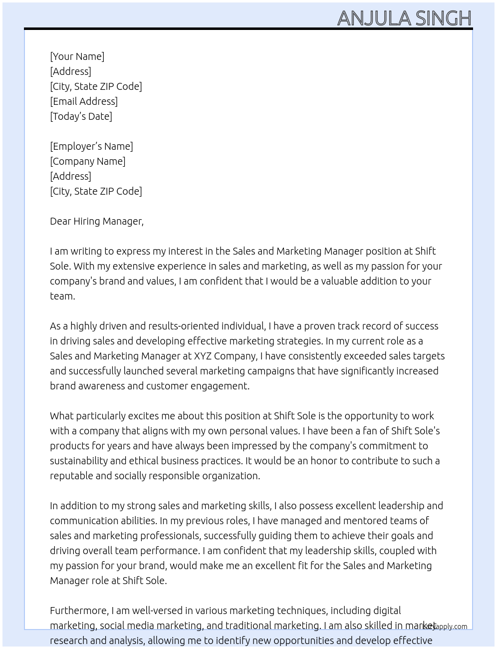 Sales and Marketing manager At Shift sole Cover Letter