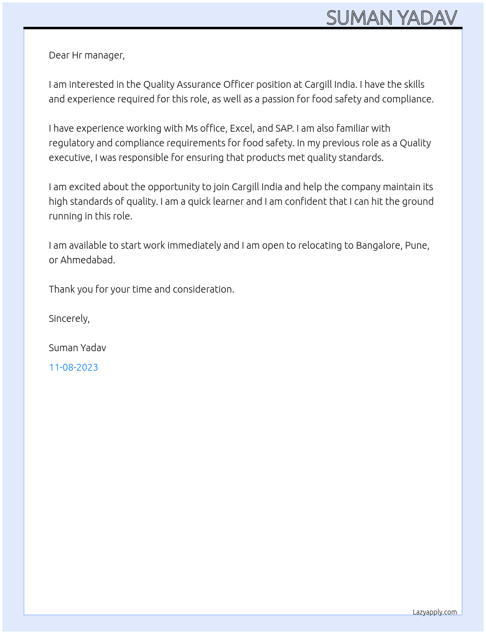 Quality Assurance Officer  At Cargill India  Cover Letter