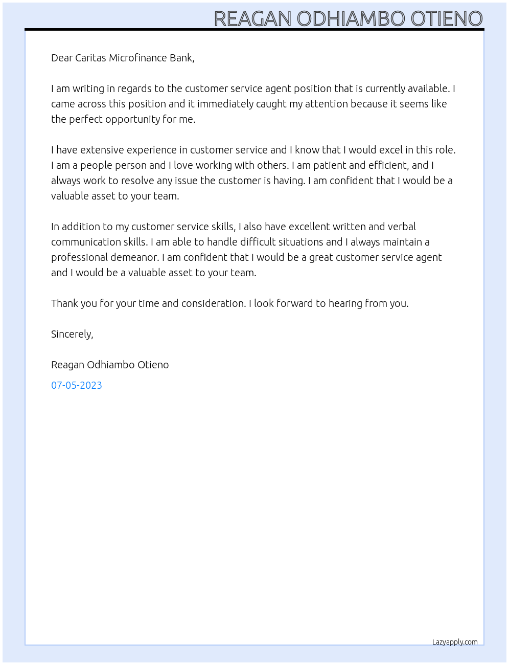 customer service agent At caritas microfinance bank Cover Letter