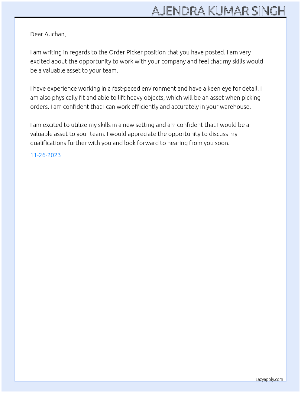 Order Picker At AUCHAN Cover Letter