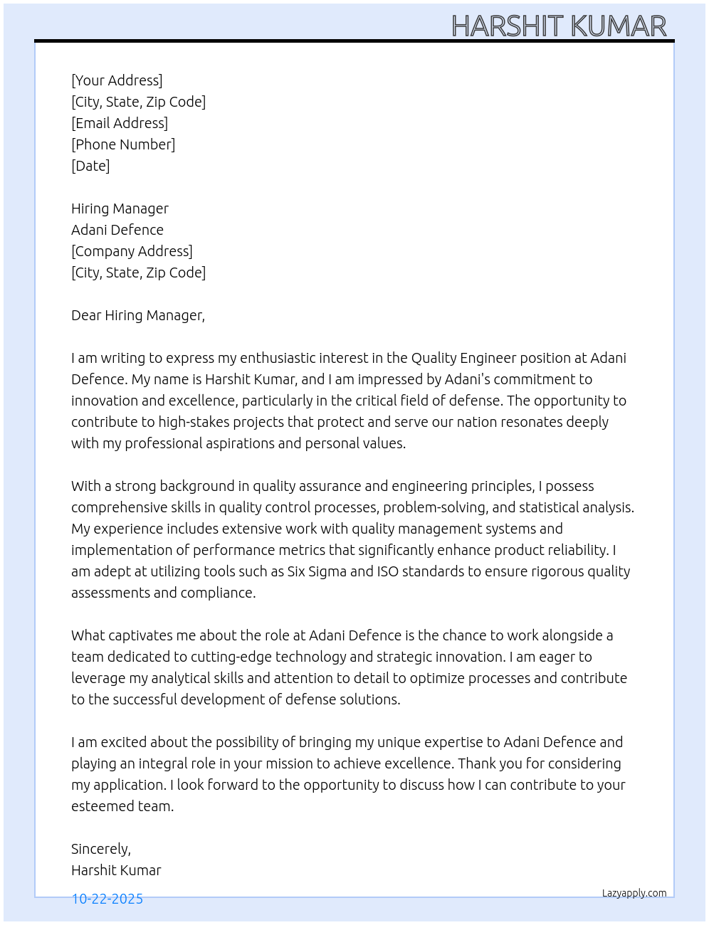 Cover letter for quality engineer - LazyApply