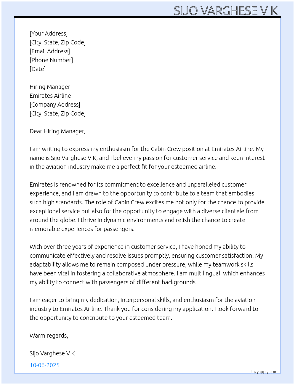 Cabin Crew At Emirates Airline Cover Letter