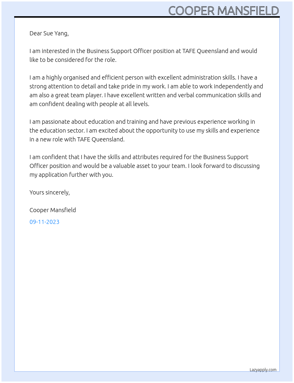 Business Support Officer At TAFE Queensland Cover Letter