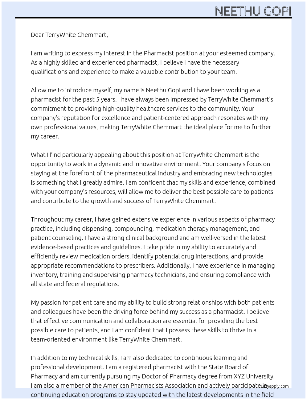 Pharmacist At TerryWhite Chemmart Cover Letter