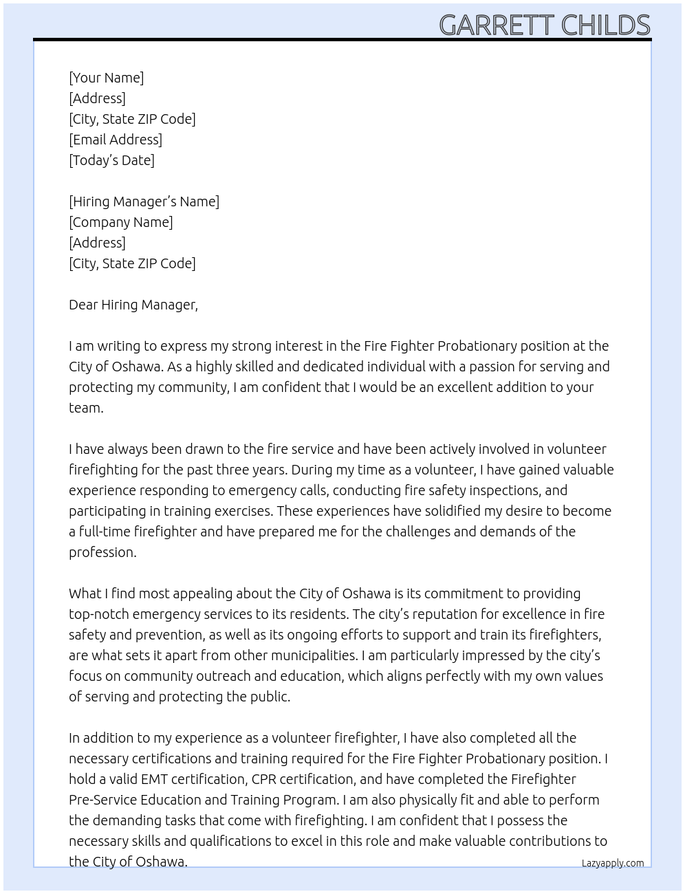 Cover letter for fire fighter - probationary - LazyApply